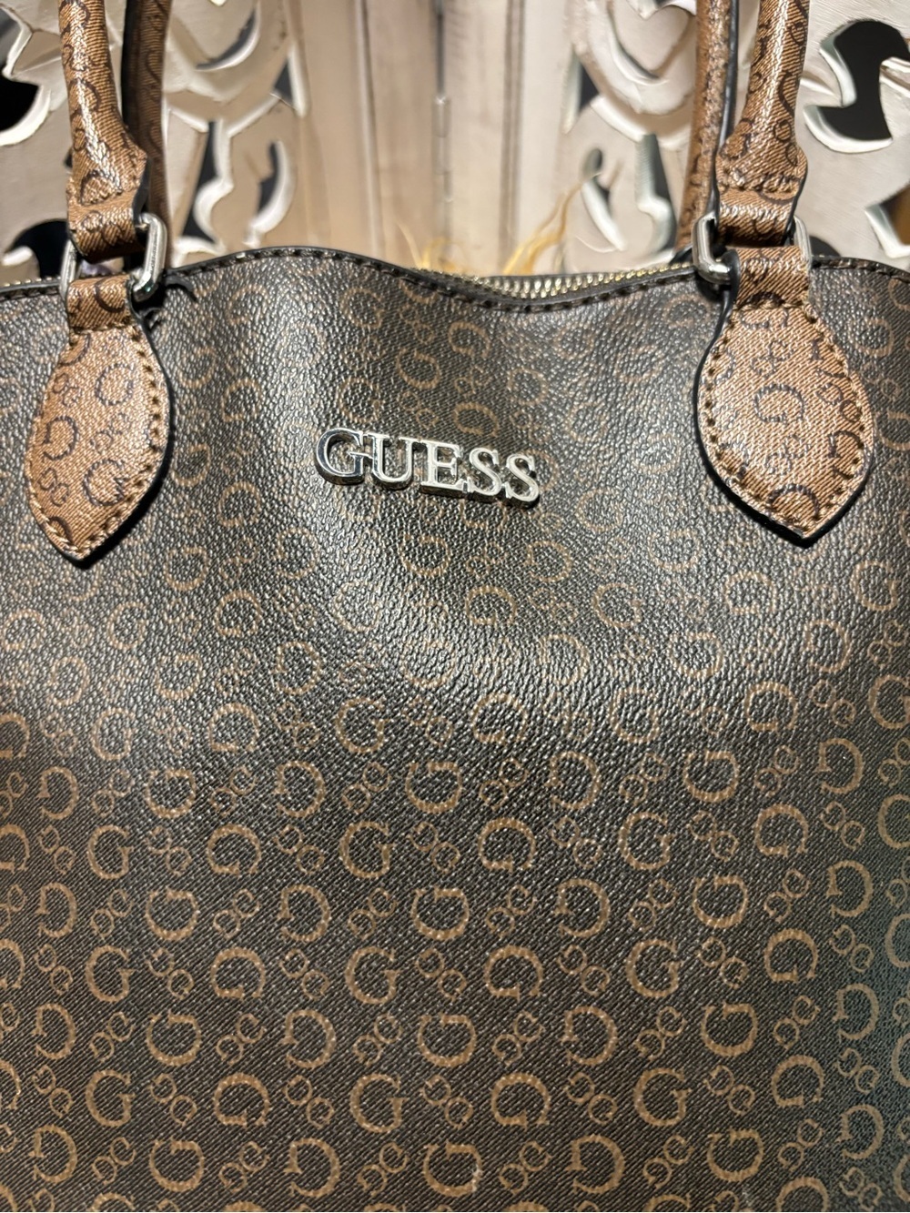 GUESS Brown Two-Tone Logo Satchel - Picture 3 of 14
